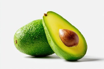 Two whole and halved avocados