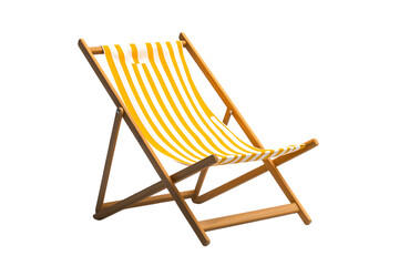 Wooden Deck Chair with Yellow and White Stripes isolated on a transparent background