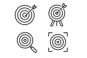 Target and Bullseye Thin Line Icon Bundle, Editable Stroke Vector Set for Web, Books, Cards, Apps, Transparent Background, Cartoon Style, Ordered Collection of Aim and Focus Symbols