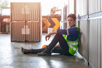 warehouse worker wear reflective vest sitting on the ground floor relax brake rest from tired work