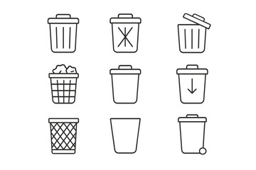 Set of Trash Can Thin Line Icons, Editable Stroke, Vector Illustration for Websites, Apps, Books, Cards, Transparent Background, Cartoon Style, Flat Design Symbols Collection
