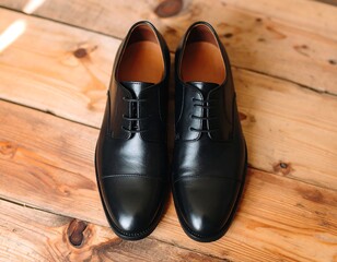 Black leather dress shoes on wooden planks (1)