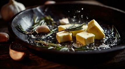 A butter melting in charcoal pan with scattered rosemary and garlic, rich tones and cozy light