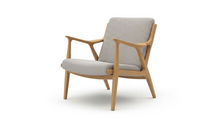 Stylish Modern Wooden Armchair with Light Gray Upholstery, Designed for Comfort, Isolated on transparent background.
