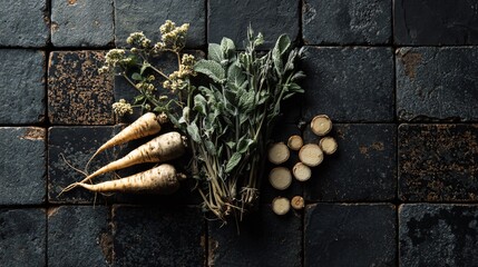 Cracked charcoal tile background with pile of fall herbs and sliced parsnips, rustic minimalism