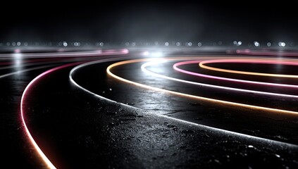 Neon glowing circles on dark concrete track at night