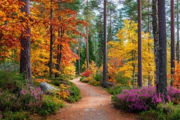 Obraz premium Autumnal path through vibrant forest