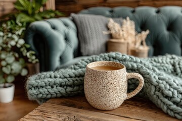 Cozy coffee mug on wooden table, living room with teal sofa, plants, and blankets