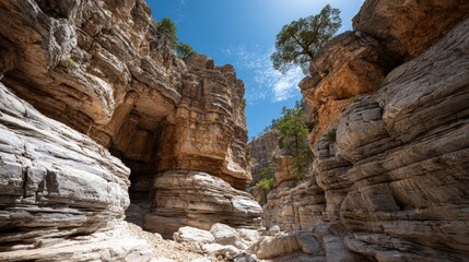 A narrow canyon gorge, showcasing sculpted rock formations under a bright sunny sky.
