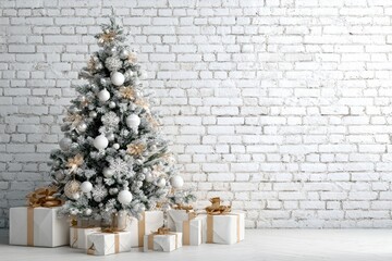 Christmas tree with presents against white brick wall