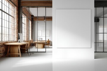 Industrial loft workspace with blank canvas