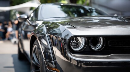 Close-up view of a sleek, dark gray sports car's front end, showcasing intricate headlight design and polished bodywork.