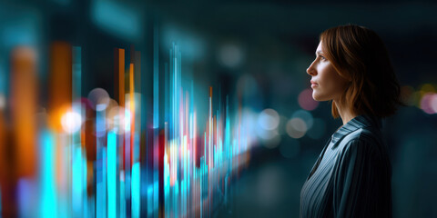 Young woman looking colorful futuristic holographic data visualization with glowing vertical bars dark room, thoughtful