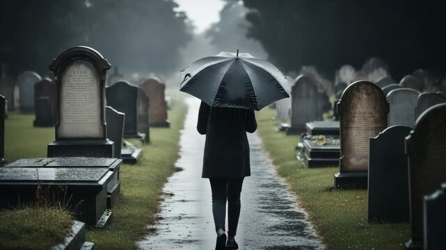 Woman with black umbrella walking in cemetery on rainy day