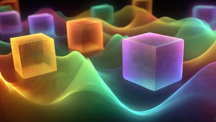 Abstract cubes on colorful wave background