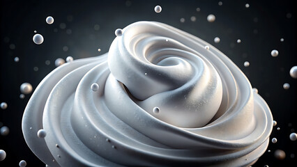 Close up of a swirling white creamy substance with tiny reflective bubbles floating around it