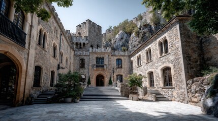Naklejka premium A courtyard within a historical stone edifice, showcasing a tranquil and majestic ambiance.