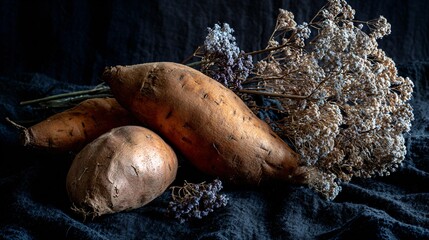 Obraz premium Elegant still life with sweet potatoes and dried florals over black woolen backdrop, negative space frame