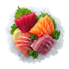  A colorful display of halal sashimi with salmon, tuna, and yellowtail on a bed of ice isolated [Transparent Background PNG].