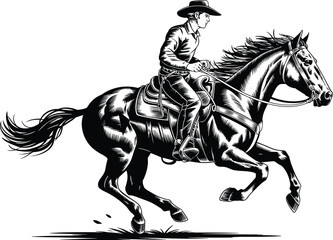 Cowboy riding horse, vintage black and white western illustration, dynamic equestrian scene, rodeo action artwork, wild west drawing