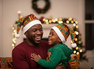 Joyful African American father and son in festive outfits celebrating Christmas