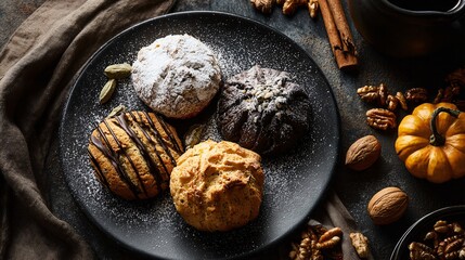A flat lay of baked goods on matte black plate with powdered sugar dust, autumnal vibe
