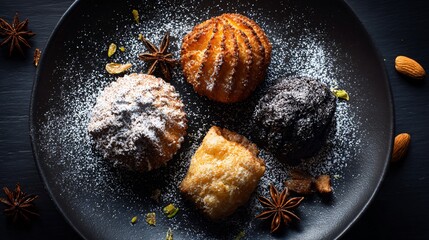 A flat lay of baked goods on matte black plate with powdered sugar dust, autumnal vibe