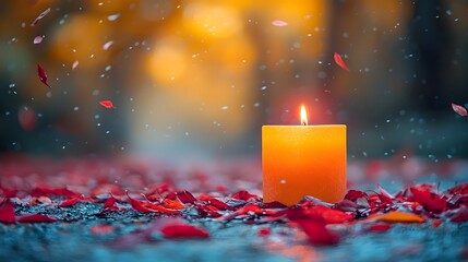 Glowing candle among vibrant autumn leaves