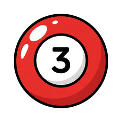 Glossy red billiard ball with a white circle displaying the number three, cartoon style.