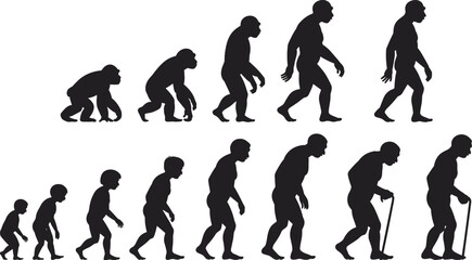 Evolution of man from ape to modern human and aging process, black and white silhouette illustration, human development timeline concept