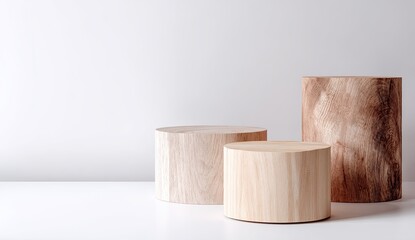 Three simple, light brown wooden cylinders on a white surface against a plain white background