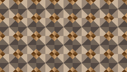 Fototapeta premium Retro geometric seamless pattern with circles, diamonds, and rectangles in warm yellow, orange, and brown tones