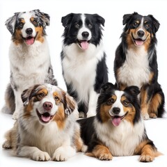 Group Portrait of Australian and Border Collies , isolated on white background png