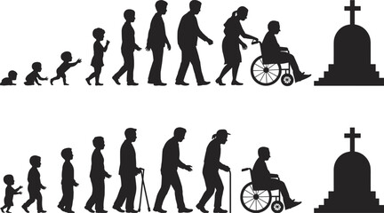 Life cycle stages of human evolution from infancy to old age and death, black and white silhouette illustration, timeline concept
