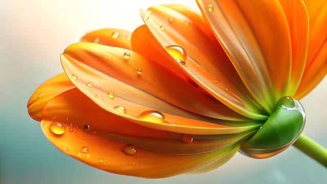 Vibrant orange daisy petals adorned with sparkling dewdrops in a soft focus close up