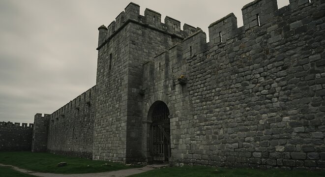 Ancient Stone Fortress Gate and Wall Under Cloudy Sky.