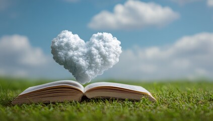 Open book resting on grass with heart-shaped cloud above