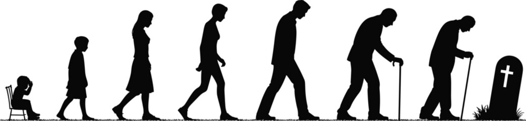 Silhouette of human life stages from childhood to death, black and white aging timeline, life and mortality concept illustration