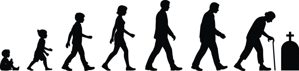 Silhouette of human life stages from childhood to death, black and white aging timeline, life and mortality concept illustration
