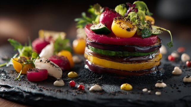 High-end food styling shot with aubergine tower over charcoal slab, conceptual feel