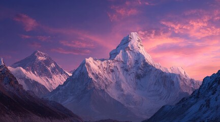 Fototapeta premium Snowy mountain peaks rise above a dramatic sunset