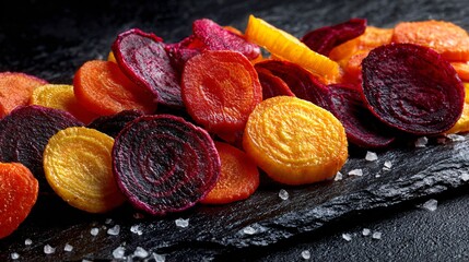 Macro texture study of sliced roasted carrots and beet chips on black stone plate