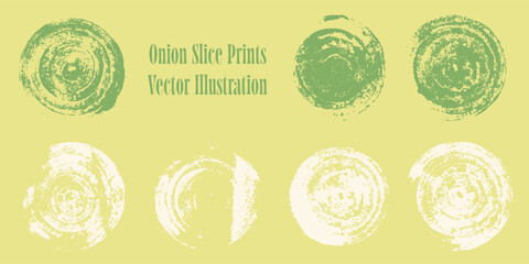 Set of vector onion slice prints with rustic textures. Hand-stamped vegetable rings illustration, perfect for organic food packaging, kitchen decor, textile design, and healthy cooking concepts.