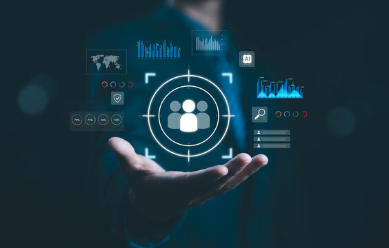 Digital marketing concept showing data analytics and customer targeting with AI technology, business intelligence, and user experience optimization for online strategy success. AI technology marketing