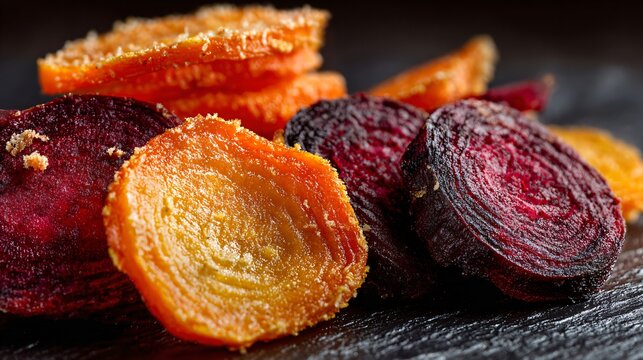 Macro texture study of sliced roasted carrots and beet chips on black stone plate