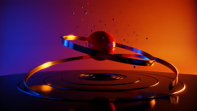 Red sphere with orbiting rings and floating droplets against gradient background
