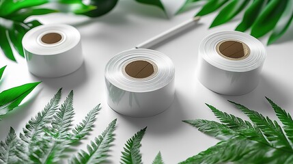 White label rolls with green fern leaves on a light background, ideal for branding, packaging, and eco - friendly design projects, backgrounds, promotions.