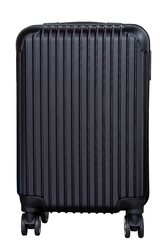 Fototapeta premium Black hard shell suitcase with four wheels isolated on transparent background, modern travel luggage for business and vacation, durable trolley bag for transport, airport, and holiday journey concept.