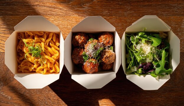 Three takeout containers holding pasta, meatballs, and a salad. Sunlight highlights the food - Powered by Adobe