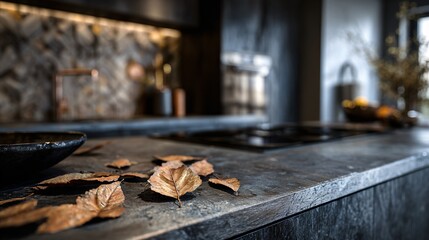 A modern rustic kitchen with charcoal palette, dried leaves scattered for mood